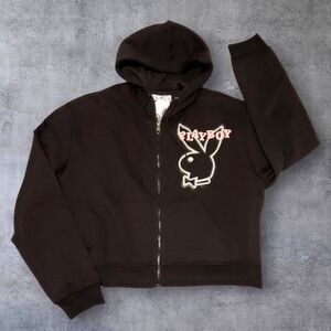 PLAYBOY Black Zip Up Hoodie with Pink Bunny Logo